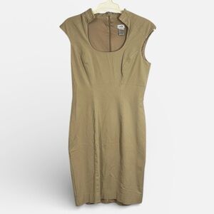 Cache Elegant Tan Dress Bodycone Midi Dress Buckle Workwear Size 0 Cap Sleeve